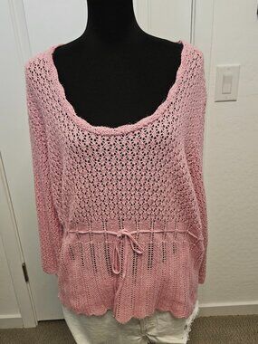 Say What? USA Tie-Waist Pink See Through Women Pullover Sweater, size 3X